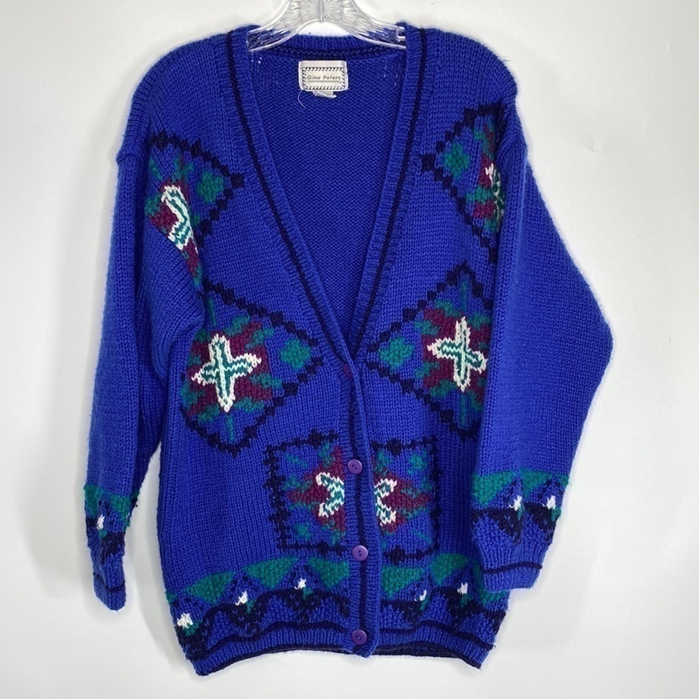 Vintage Gina Peters Blue Knit Button Down Cross Cardigan Sweater Size Medium